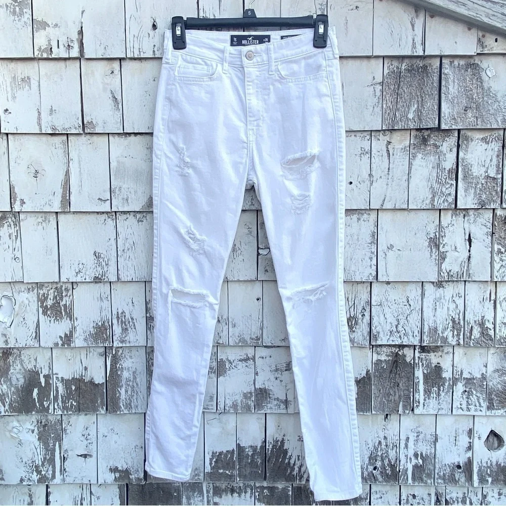 Hollister Classic Stretch High Rise Distressed Super Skinny White Jeans